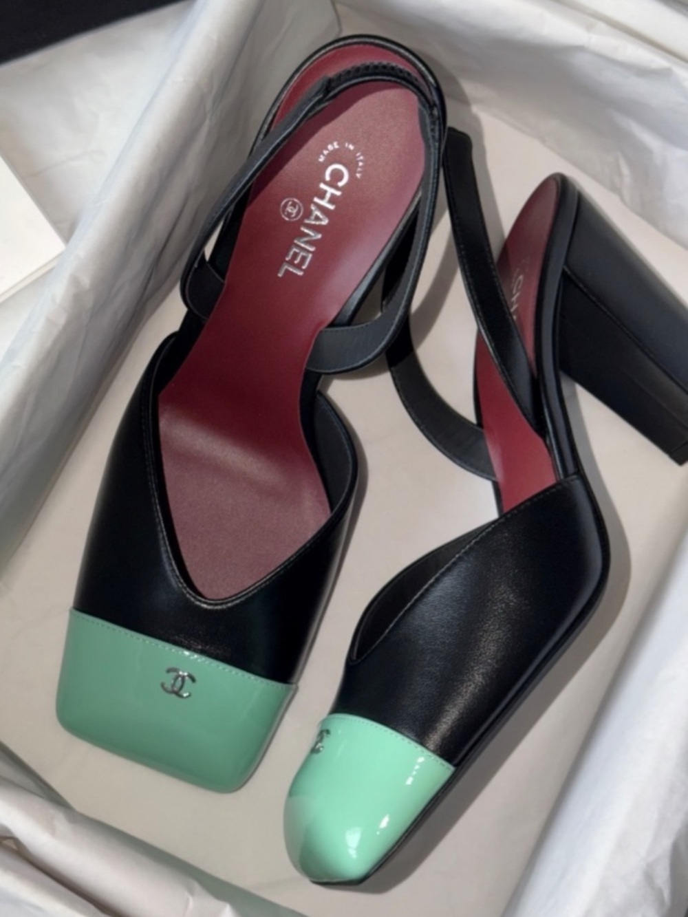 Chanel 26S Blazy Black Green Minty Square Cap Toe Slingback Heels Pumps 39.5 - Picture 2 of 14